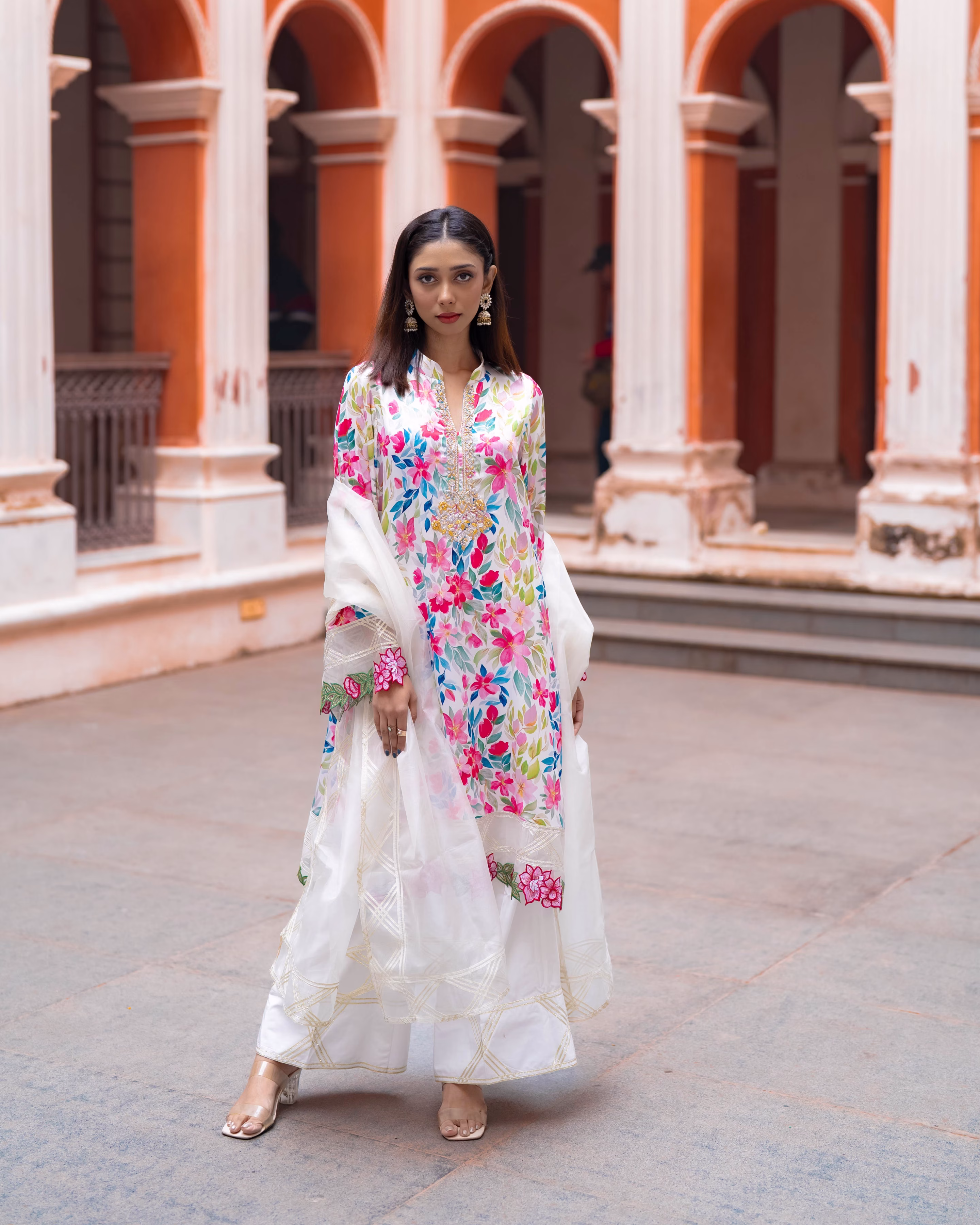 Dubai Silk Printed Hand Embroidery Zardosi Work (three piece) Party Wear