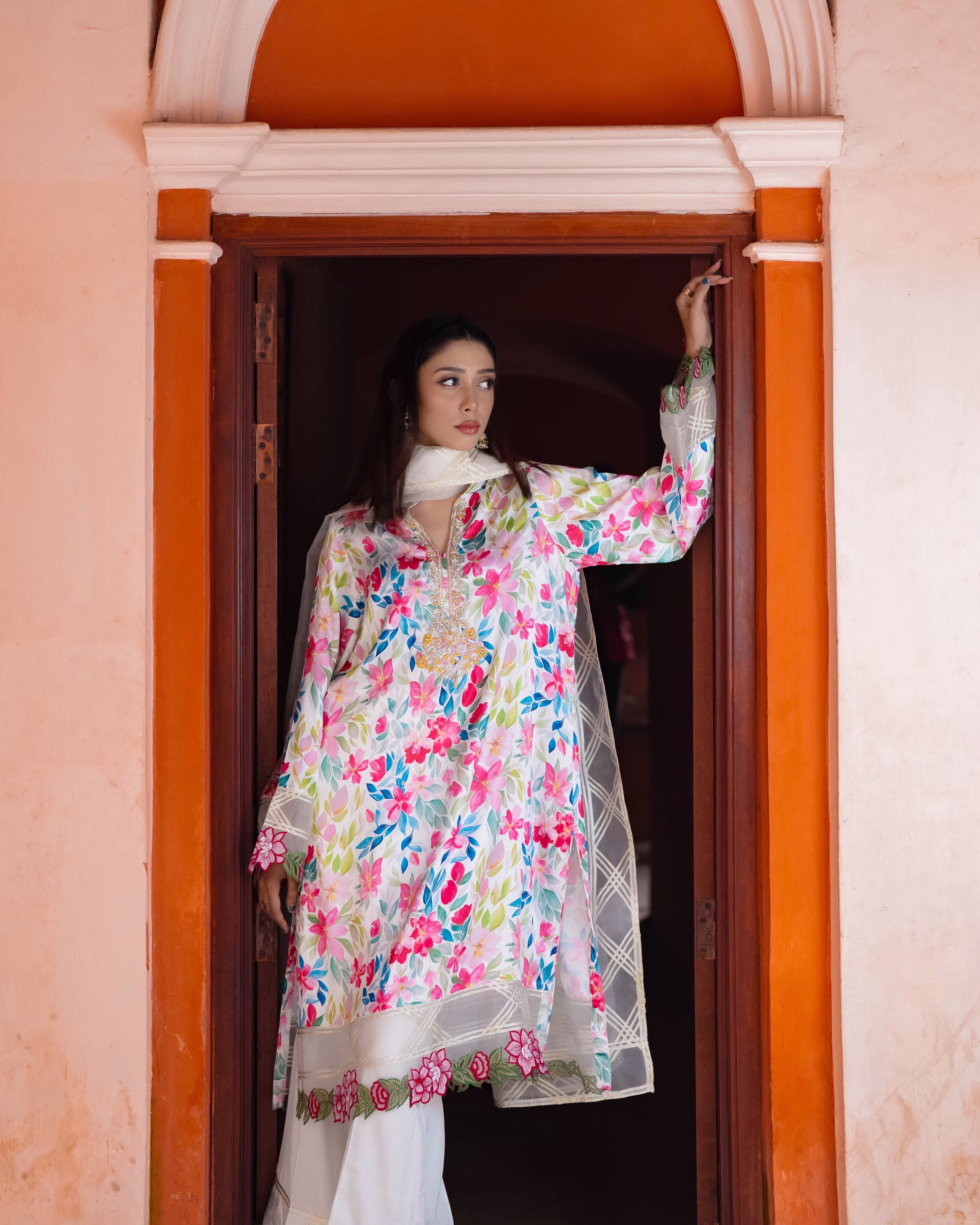 Dubai Silk Printed Hand Embroidery Zardosi Work (three piece) Party Wear