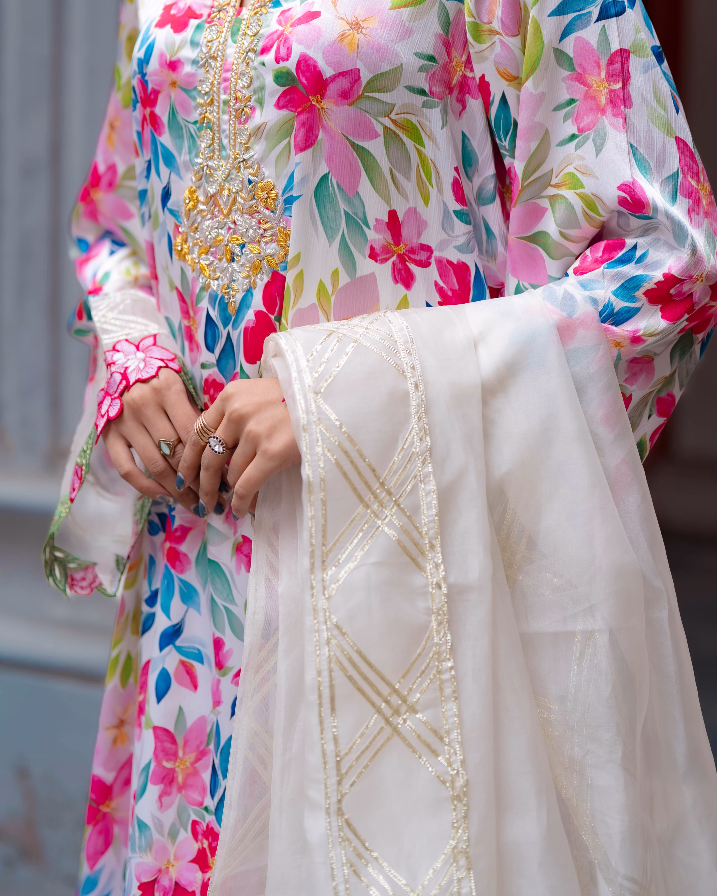 Dubai Silk Printed Hand Embroidery Zardosi Work (three piece) Party Wear