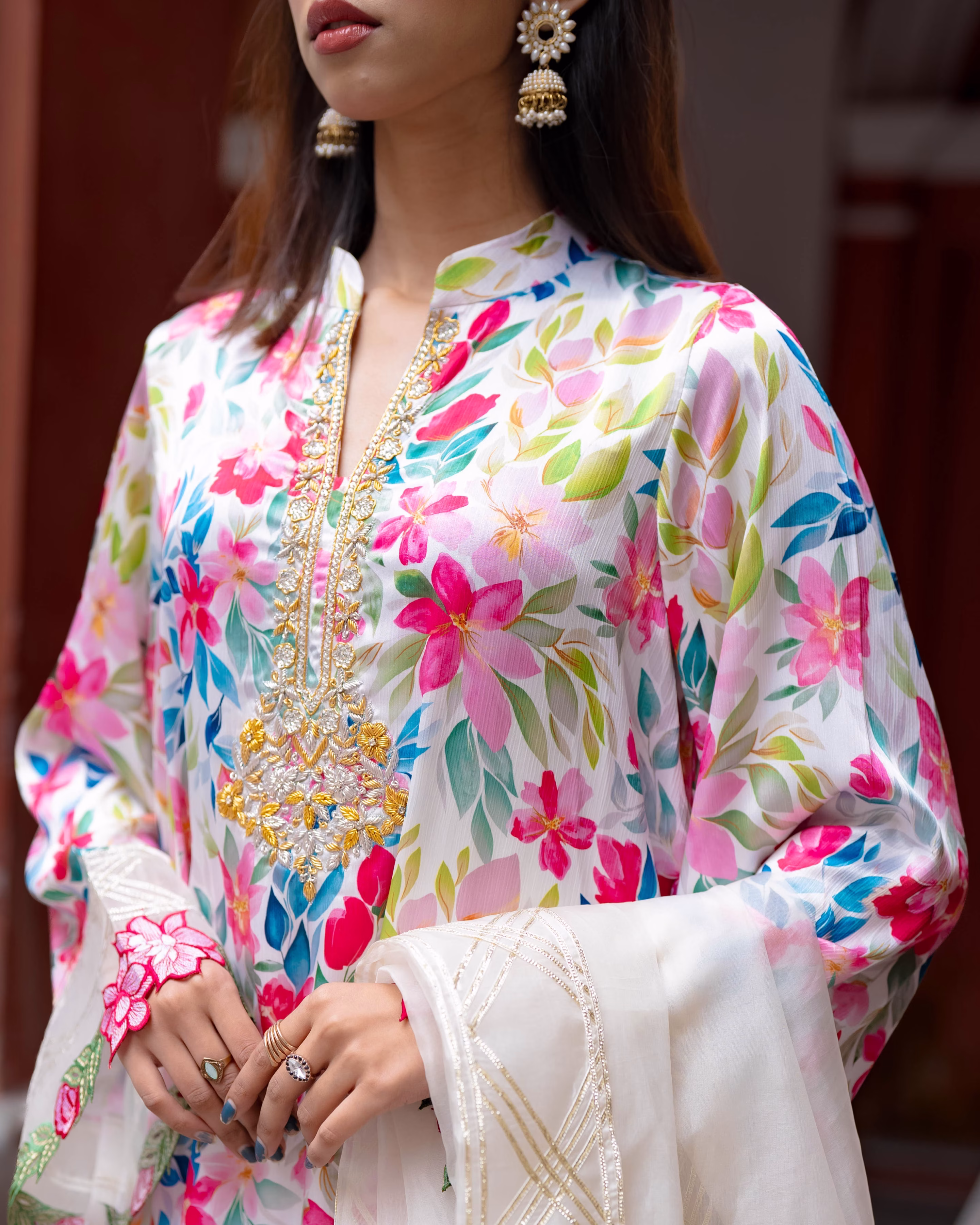 Dubai Silk Printed Hand Embroidery Zardosi Work (three piece) Party Wear